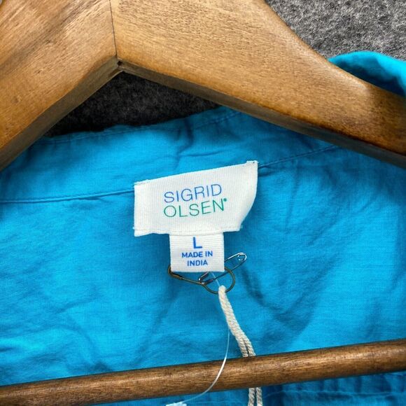 Sigrid Olsen Shirt Women L Large Blue Button Up Collared Long Sleeve Cotton - Picture 5 of 9